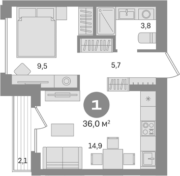 Планировка — Первый квартал. Вторая очередь, 1-комн., 34 м²