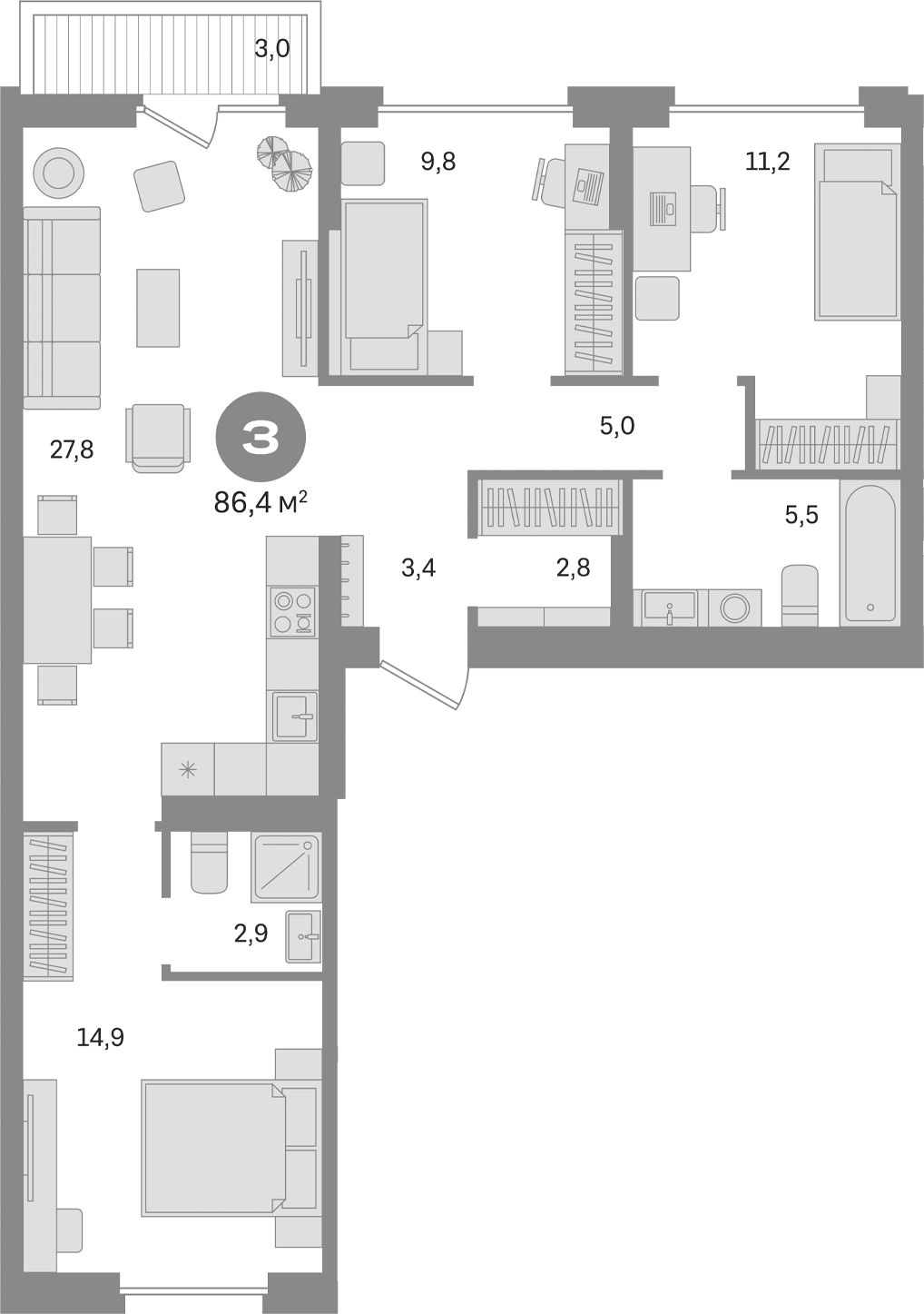 Планировка — Первый квартал. Вторая очередь, 3-комн., 83 м²