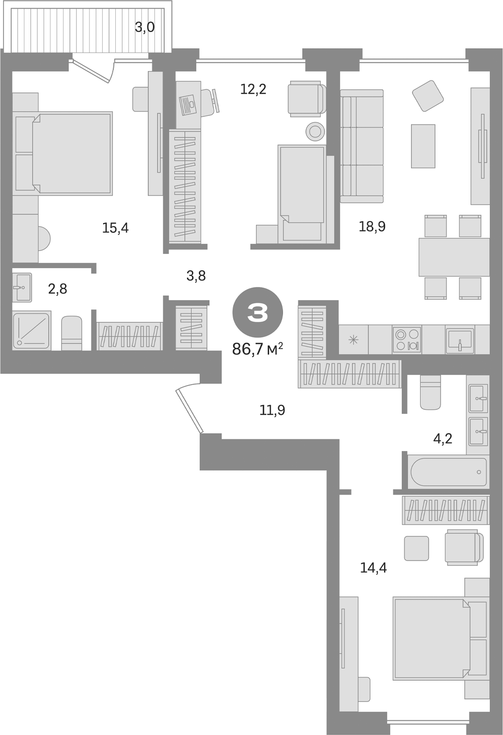 Планировка — Первый квартал. Вторая очередь, 3-комн., 84 м²