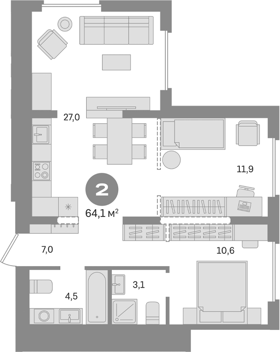Планировка — Первый квартал. Вторая очередь, 2-комн., 64 м²