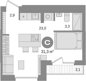 Планировка — Первый квартал. Вторая очередь, Студия, 29 м²