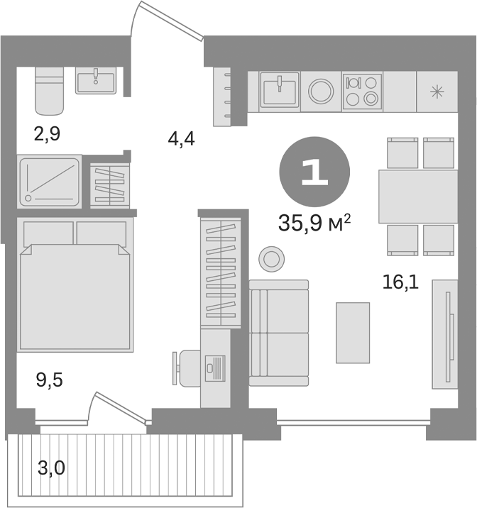 Планировка — Первый квартал. Вторая очередь, 1-комн., 33 м²