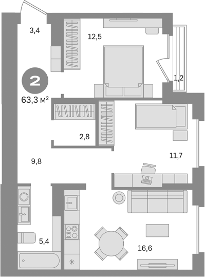 Планировка — Первый квартал. Вторая очередь, 2-комн., 62 м²