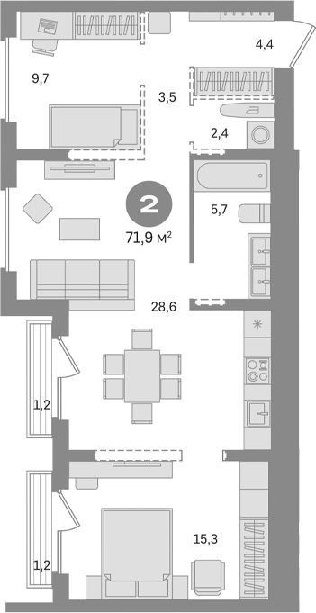 Планировка — Первый квартал. Вторая очередь, 2-комн., 70 м²