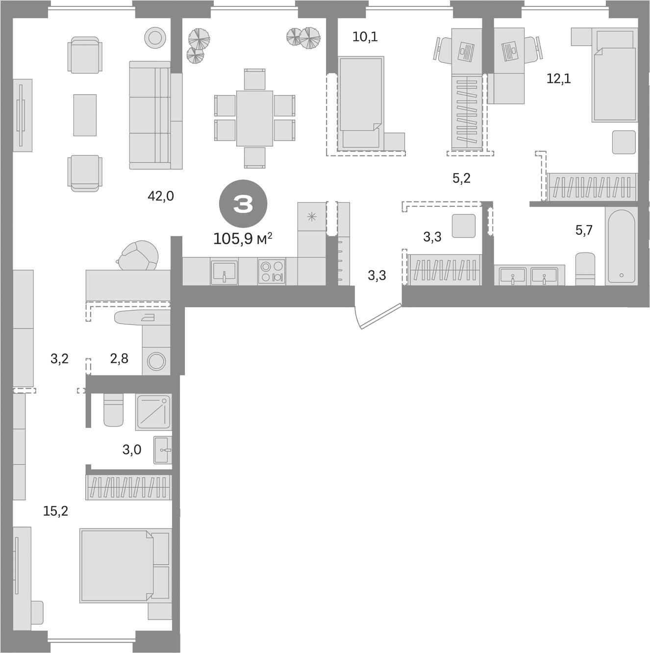 Планировка — Первый квартал. Вторая очередь, 3-комн., 106 м²