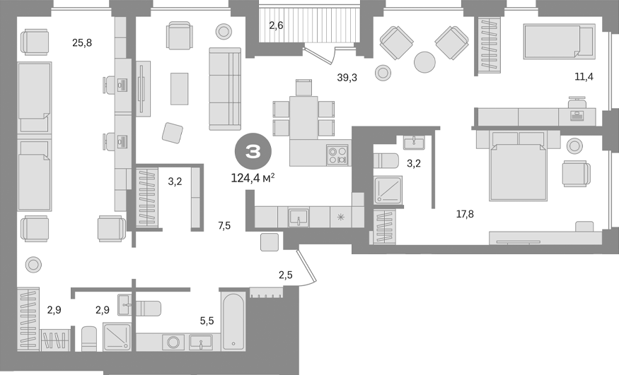 Планировка — Первый квартал. Вторая очередь, 3-комн., 122 м²