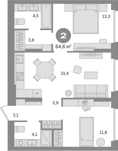 Планировка — Первый квартал. Вторая очередь, 2-комн., 65 м²