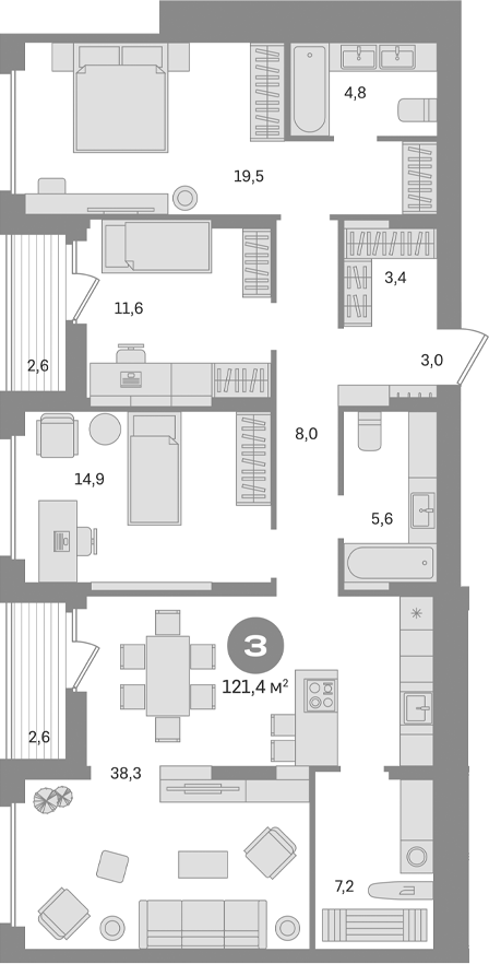 Планировка — Первый квартал. Вторая очередь, 3-комн., 116 м²