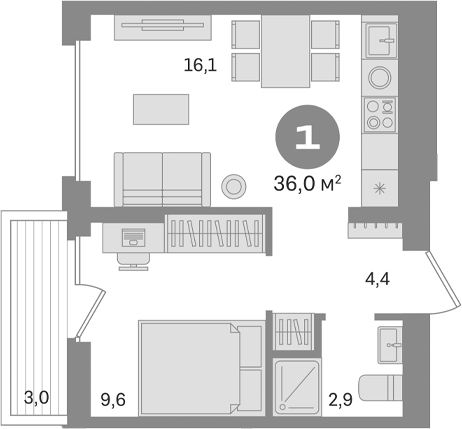Планировка — Первый квартал. Вторая очередь, 1-комн., 33 м²