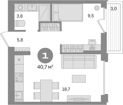 Планировка — Первый квартал. Вторая очередь, 1-комн., 38 м²