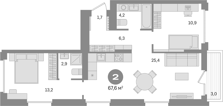 Планировка — Первый квартал. Вторая очередь, 2-комн., 65 м²