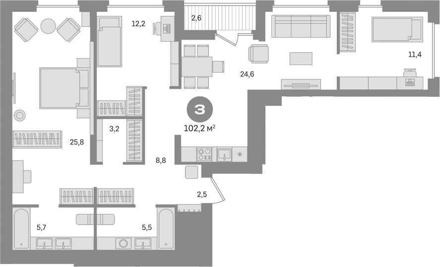 Планировка — Первый квартал. Вторая очередь, 3-комн., 100 м²