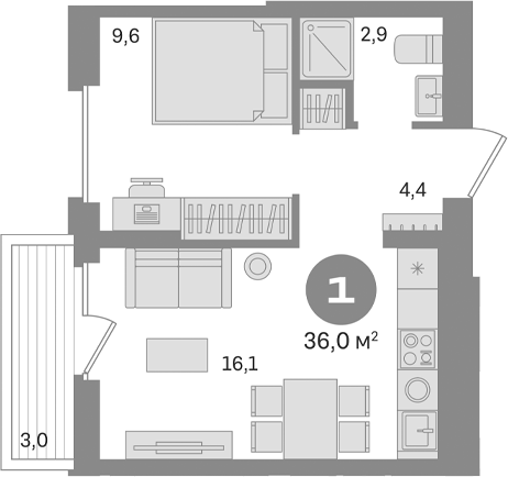 Планировка — Первый квартал. Вторая очередь, 1-комн., 33 м²