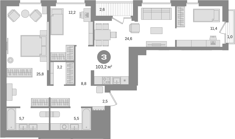 Планировка — Первый квартал. Вторая очередь, 3-комн., 100 м²