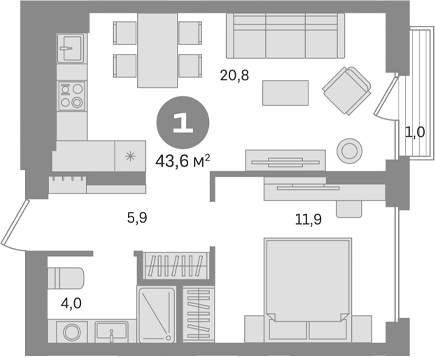 Планировка — Первый квартал. Вторая очередь, 1-комн., 43 м²