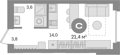Планировка — Первый квартал. Вторая очередь, Студия, 21 м²