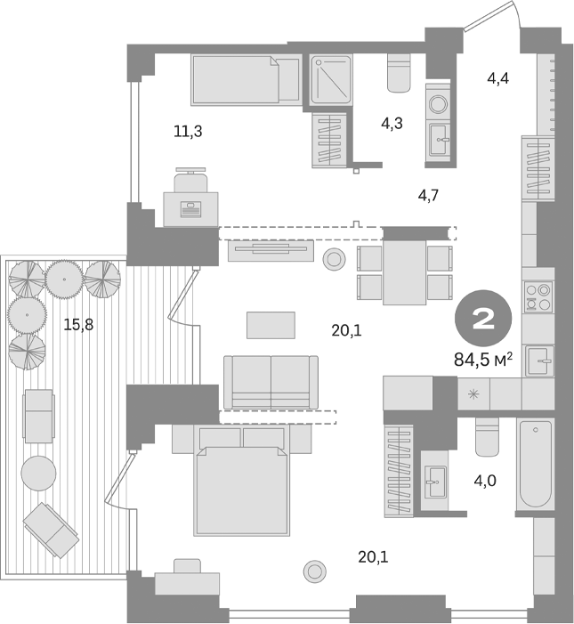 Планировка — Первый квартал. Вторая очередь, 2-комн., 69 м²