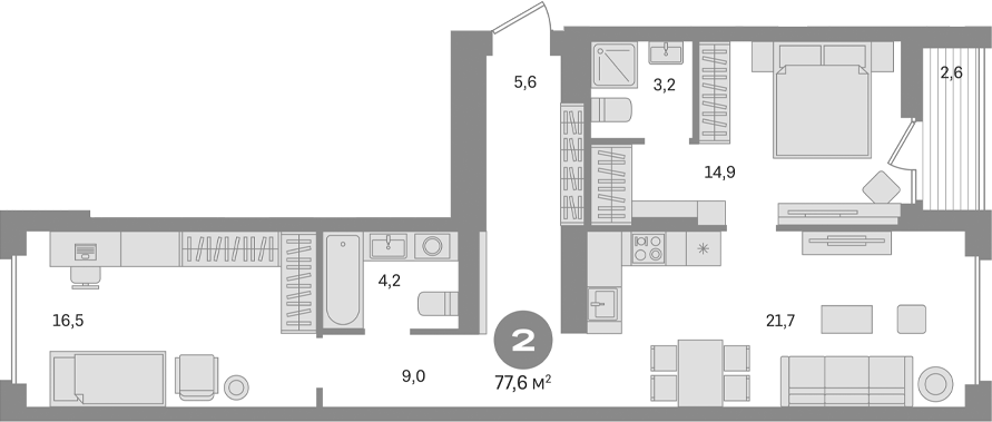 Планировка — Первый квартал. Вторая очередь, 2-комн., 75 м²