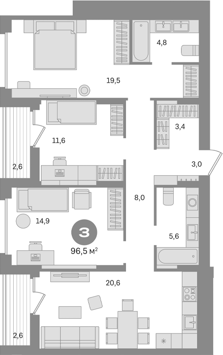 Планировка — Первый квартал. Вторая очередь, 3-комн., 91 м²