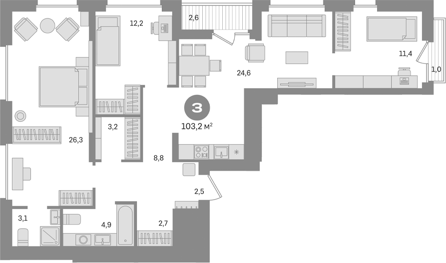 Планировка — Первый квартал. Вторая очередь, 3-комн., 100 м²