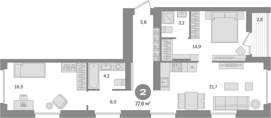 Планировка — Первый квартал. Вторая очередь, 2-комн., 75 м²