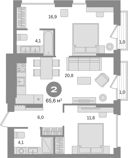 Планировка — Первый квартал. Вторая очередь, 2-комн., 64 м²