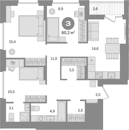 Планировка — Первый квартал. Вторая очередь, 3-комн., 78 м²