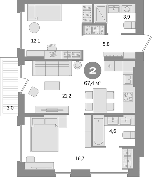 Планировка — Первый квартал. Вторая очередь, 2-комн., 64 м²