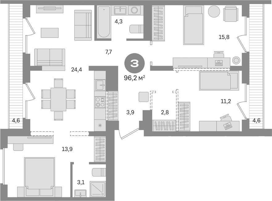 Планировка — Первый квартал. Вторая очередь, 3-комн., 87 м²