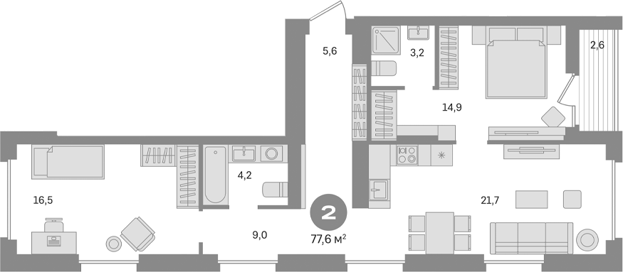 Планировка — Первый квартал. Вторая очередь, 2-комн., 75 м²