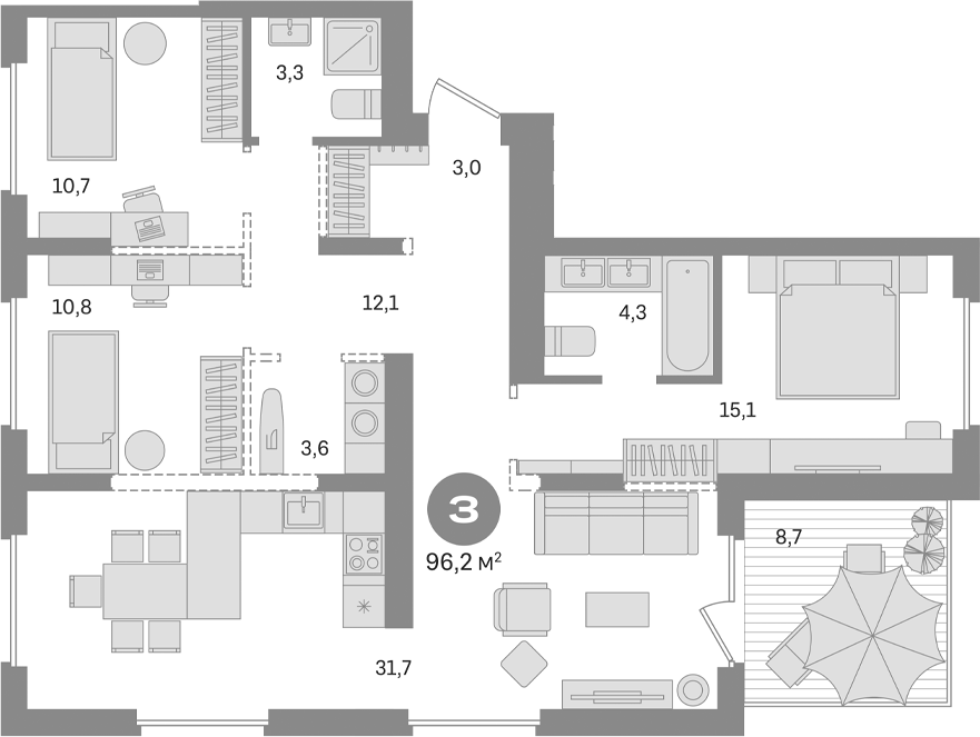 Планировка — Первый квартал. Вторая очередь, 3-комн., 95 м²