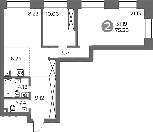 Планировка — Павелецкая от Гранель, 3-комн., 75 м²