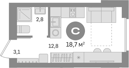 Планировка — Первый квартал. Вторая очередь, Студия, 19 м²