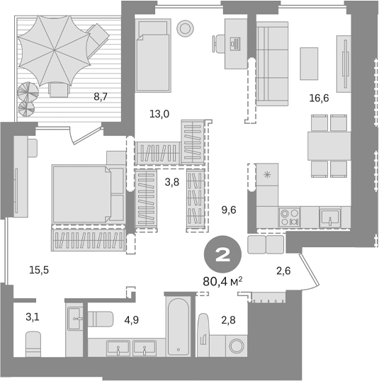 Планировка — Первый квартал. Вторая очередь, 2-комн., 72 м²