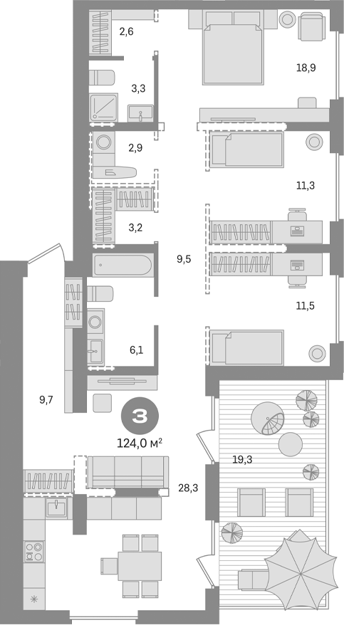 Планировка — Первый квартал. Вторая очередь, 3-комн., 105 м²
