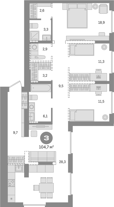 Планировка — Первый квартал. Вторая очередь, 3-комн., 105 м²