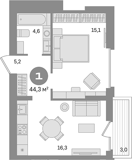 Планировка — Первый квартал. Вторая очередь, 1-комн., 41 м²