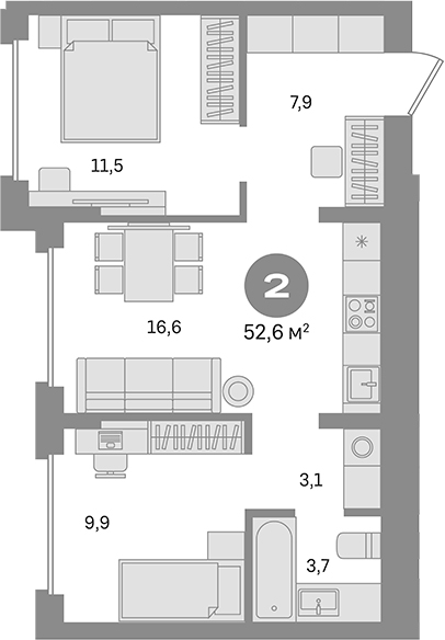 Планировка — Первый квартал. Вторая очередь, 2-комн., 53 м²
