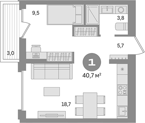 Планировка — Первый квартал. Вторая очередь, 1-комн., 38 м²