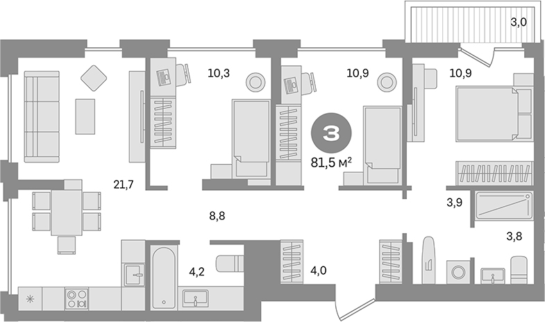 Планировка — Первый квартал. Вторая очередь, 3-комн., 79 м²