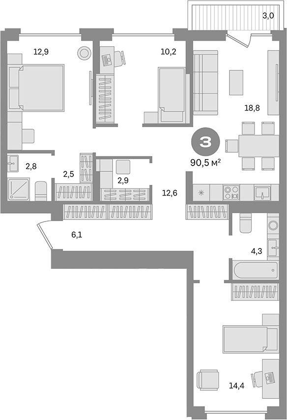 Планировка — Первый квартал. Вторая очередь, 3-комн., 88 м²