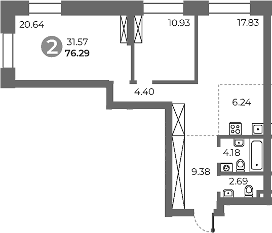 Планировка — Павелецкая от Гранель, 3-комн., 76 м²