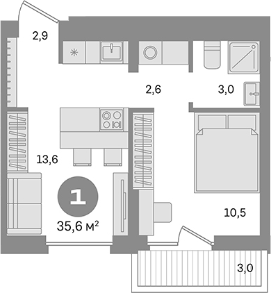 Планировка — Первый квартал. Вторая очередь, 1-комн., 33 м²