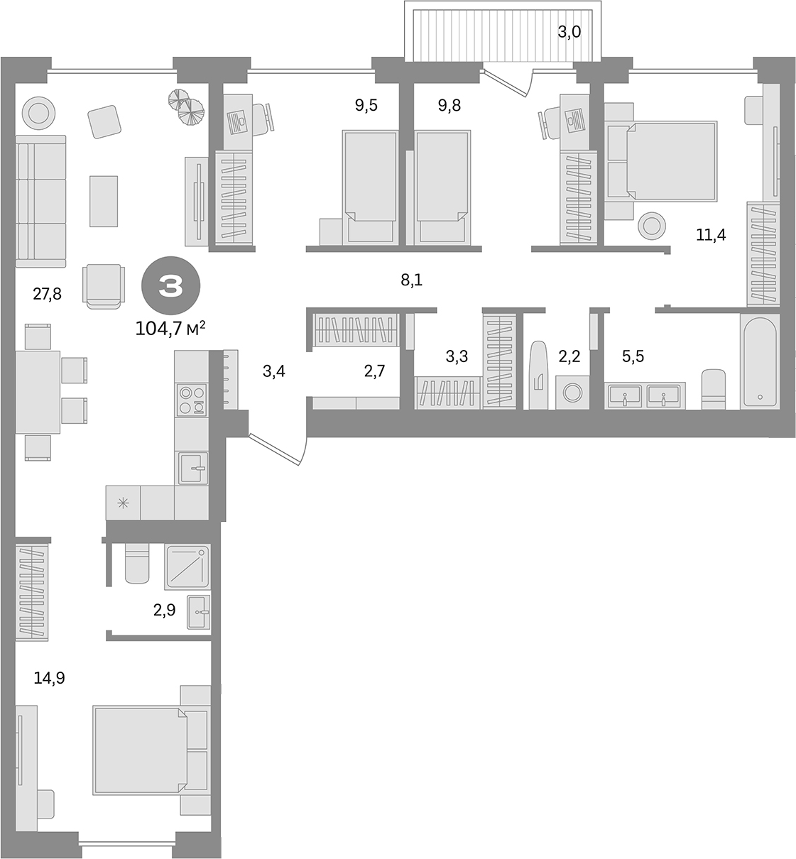Планировка — Первый квартал. Вторая очередь, 4-комн., 102 м²