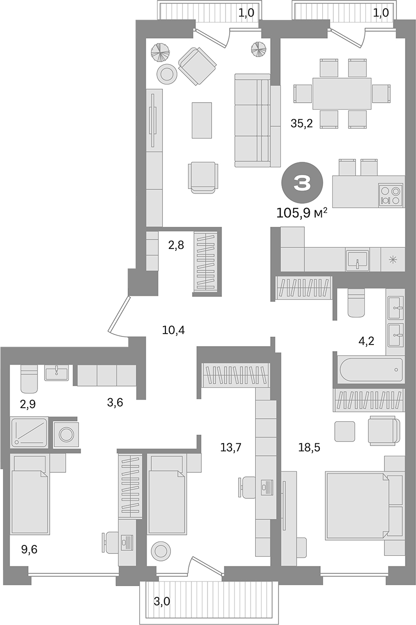 Планировка — Первый квартал. Вторая очередь, 3-комн., 101 м²