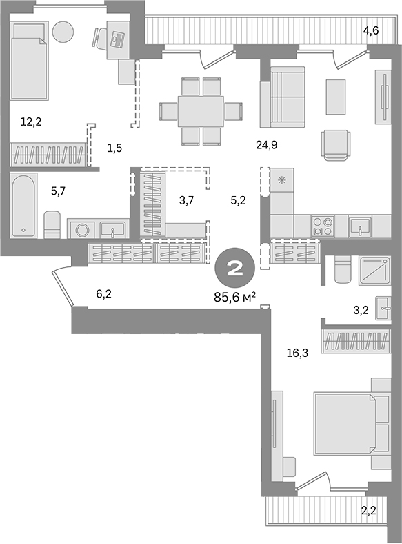 Планировка — Первый квартал. Вторая очередь, 2-комн., 79 м²