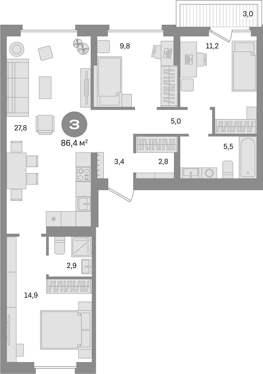 Планировка — Первый квартал. Вторая очередь, 3-комн., 83 м²
