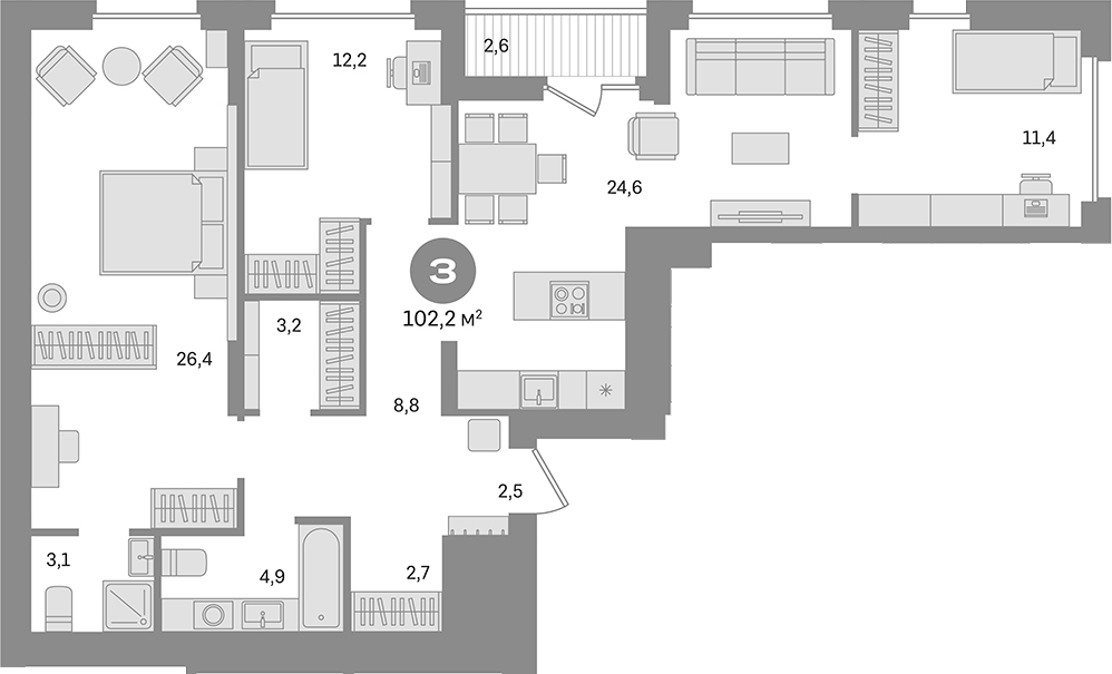 Планировка — Первый квартал. Вторая очередь, 3-комн., 100 м²