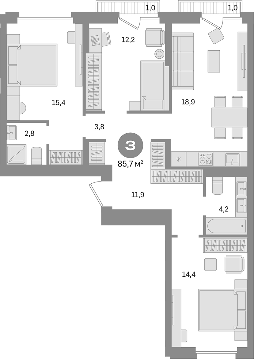 Планировка — Первый квартал. Вторая очередь, 3-комн., 84 м²
