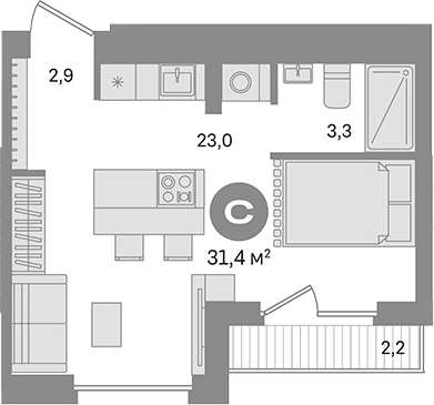 Планировка — Первый квартал. Вторая очередь, Студия, 29 м²